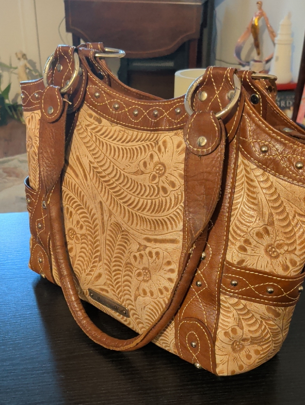Women's Brown Tooled Leather Tote Bag